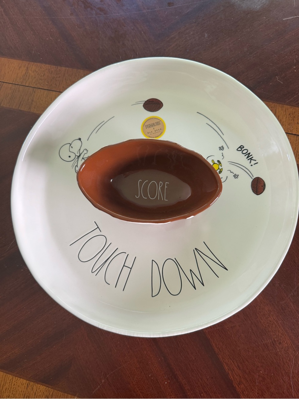 Peanuts x Rae Dunn Touchdown Football Dip and Chip Ceramic Serving Platter New